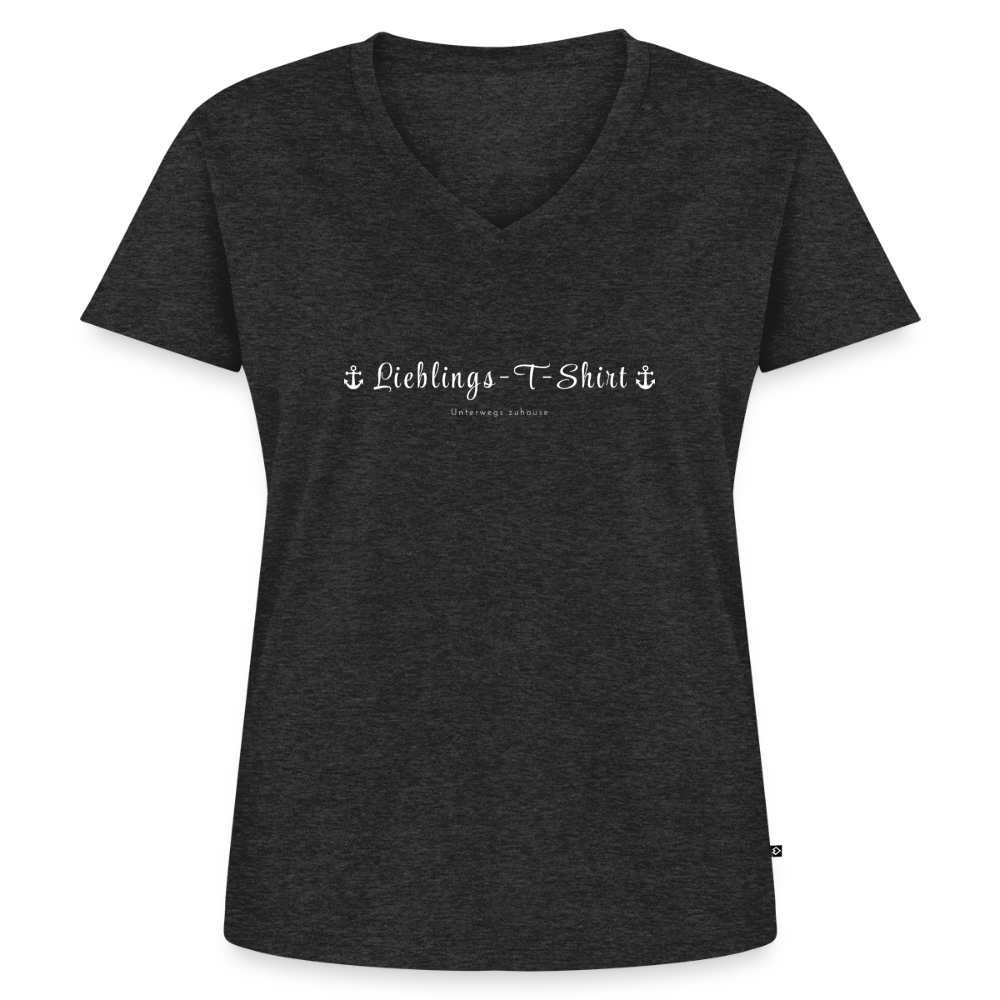 Frauen Bio-T-Shirt mit V-Ausschnitt „Lieblings-T-Shirt“ von Unterwegs zuhause – Natürlich leicht. Natürlich du. - Anthrazit meliert