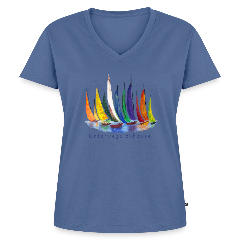 Frauen Bio-T-Shirt Unterwegs zuhause V-Ausschnitt – Camping & Vanlife - Taubenblau