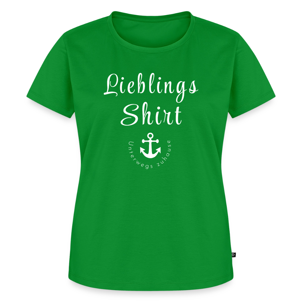 Frauen Bio-T-Shirt „Lieblings-Shirt – Unterwegs zuhause“ – Damen Freizeitshirt mit maritimem Design, Camping Shirt für Reisen, Vanlife, Urlaub & Alltag - Grün