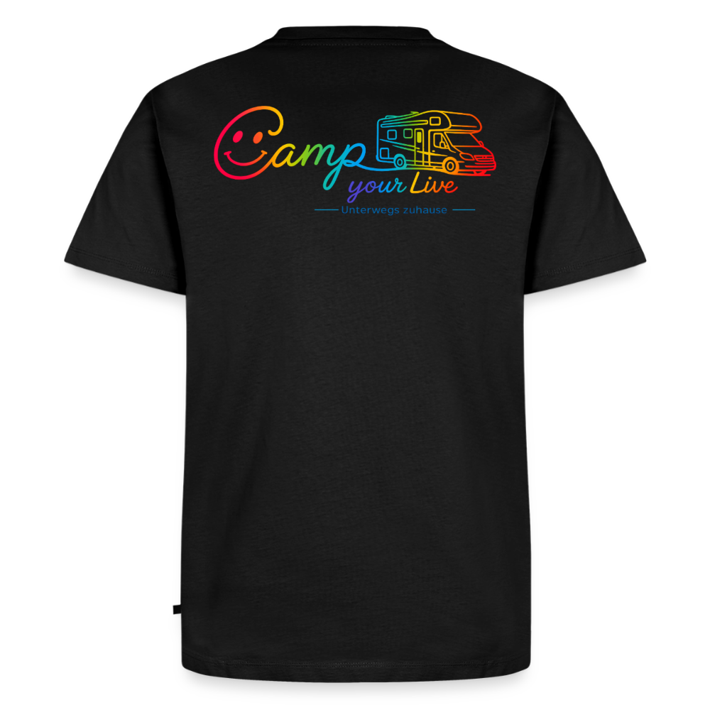 Herren Bio-T-Shirt „Camp your Life“ von Unterwegs zuhause, Modell Wohnmobil – Camping Shirt, Vanlife Shirt, Wohnmobil Shirt für Reisen, Urlaub, Camper & Freizeit - Schwarz