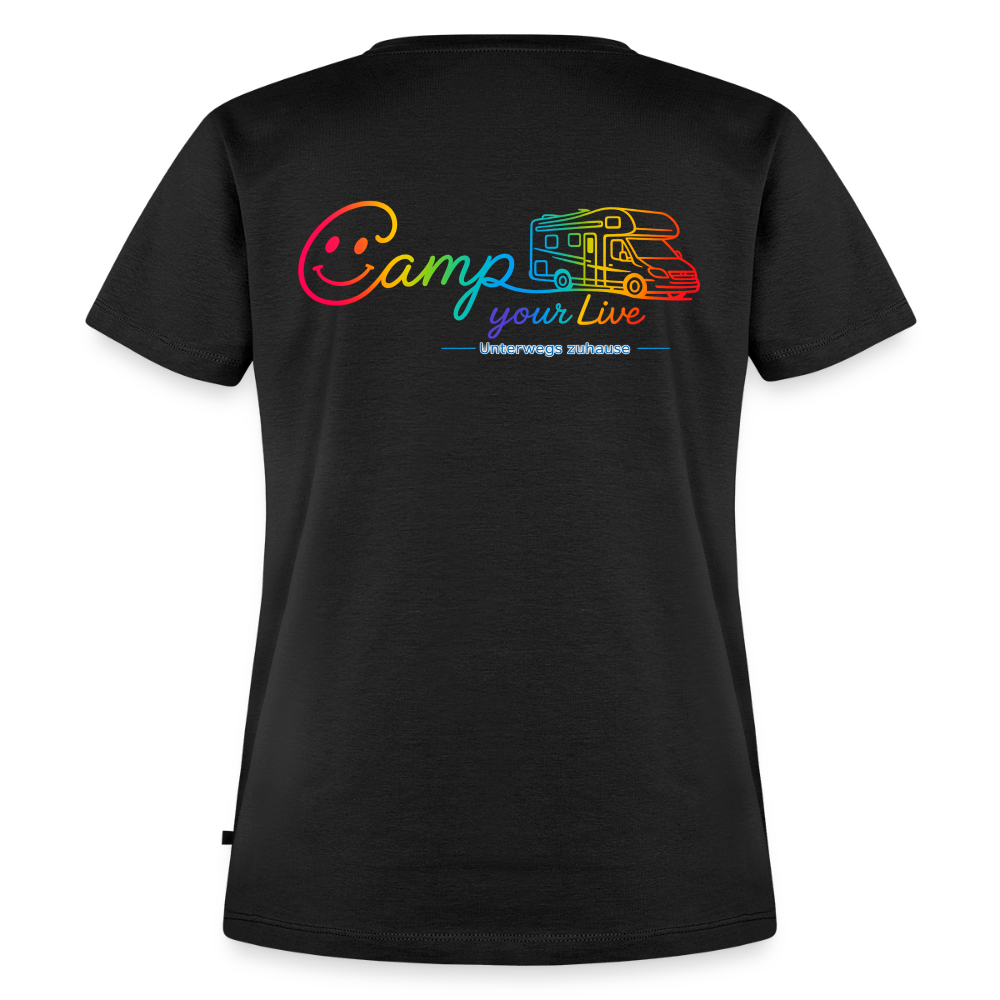 Frauen Bio-T-Shirt „Camp your Life“ von Unterwegs zuhause, Modell Wohnmobil – Damen Camping Shirt, Vanlife Shirt, Wohnmobil Shirt für Reisen, Urlaub, Camper & Freizeit - Schwarz