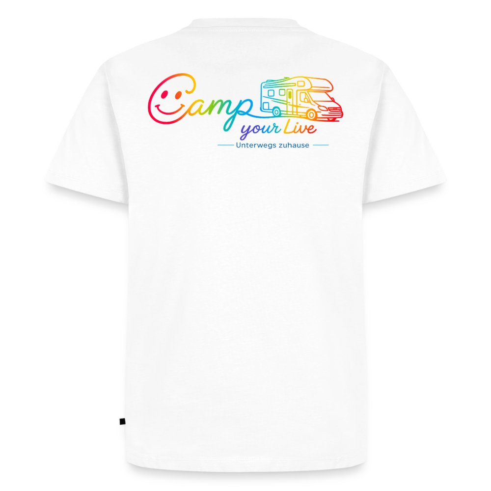 Herren Bio-T-Shirt „Camp your Life“ von Unterwegs zuhause, Modell Wohnmobil – Camping Shirt, Vanlife Shirt, Wohnmobil Shirt für Reisen, Urlaub, Camper & Freizeit - Weiß