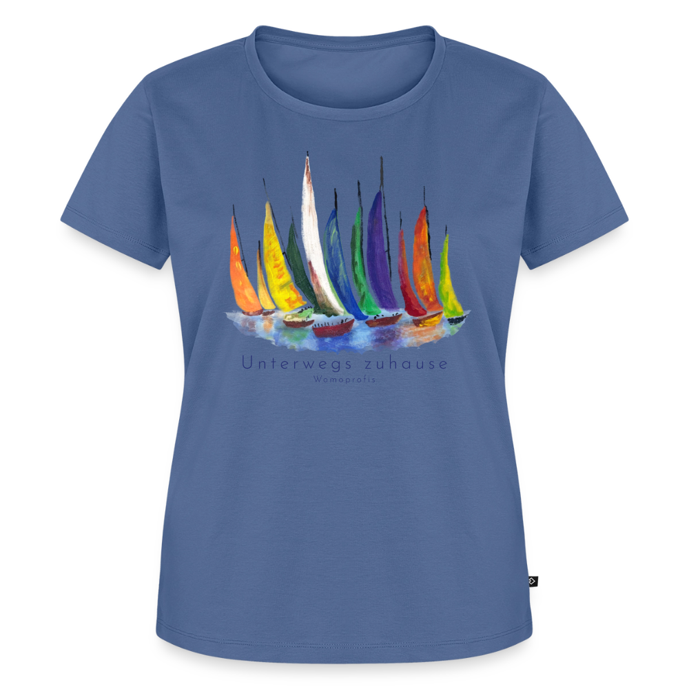 Frauen Bio-T-Shirt „Unterwegs zuhause“ – Nachhaltiges Damen Shirt für Camping, Vanlife, Reisen, Urlaub & Freizeit mit maritimem Design - Taubenblau