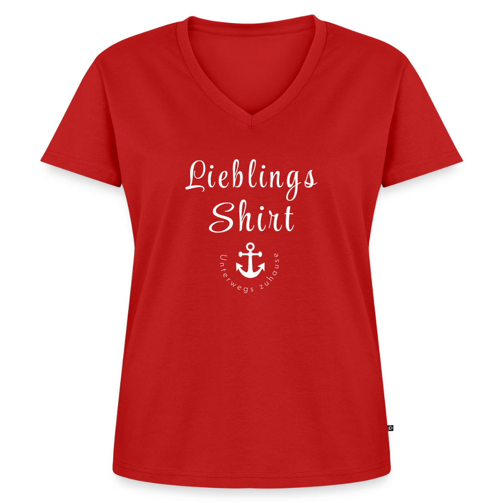 Frauen Lieblings-(Bio)-Shirt von Unterwegs zuhause mit V-Ausschnitt  – Damen Freizeitshirt aus Bio-Baumwolle, maritimes Design, Camping & Vanlife - Rot