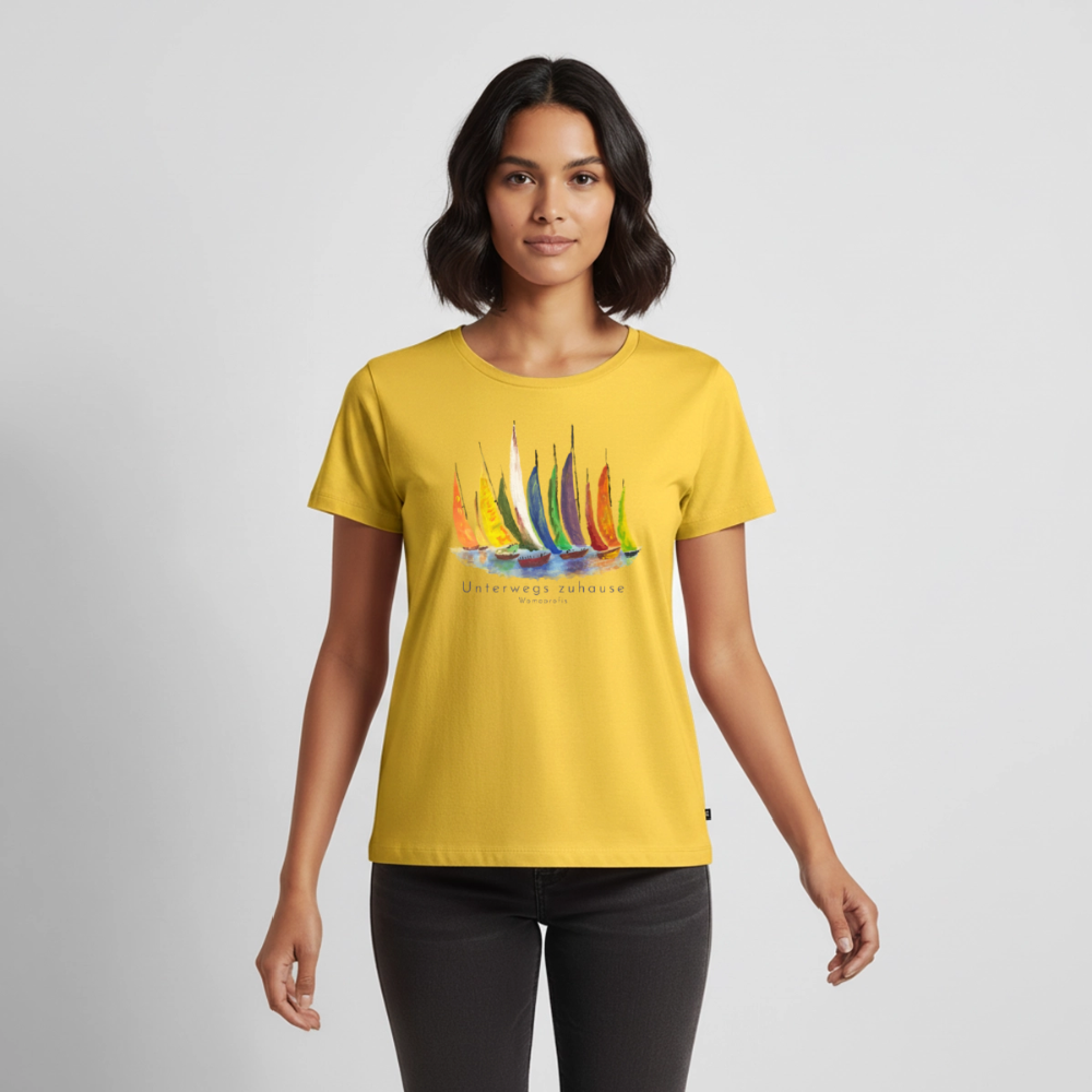 Frauen Bio-T-Shirt „Unterwegs zuhause“ – Nachhaltiges Damen Shirt für Camping, Vanlife, Reisen, Urlaub & Freizeit mit maritimem Design - Sonnengelb