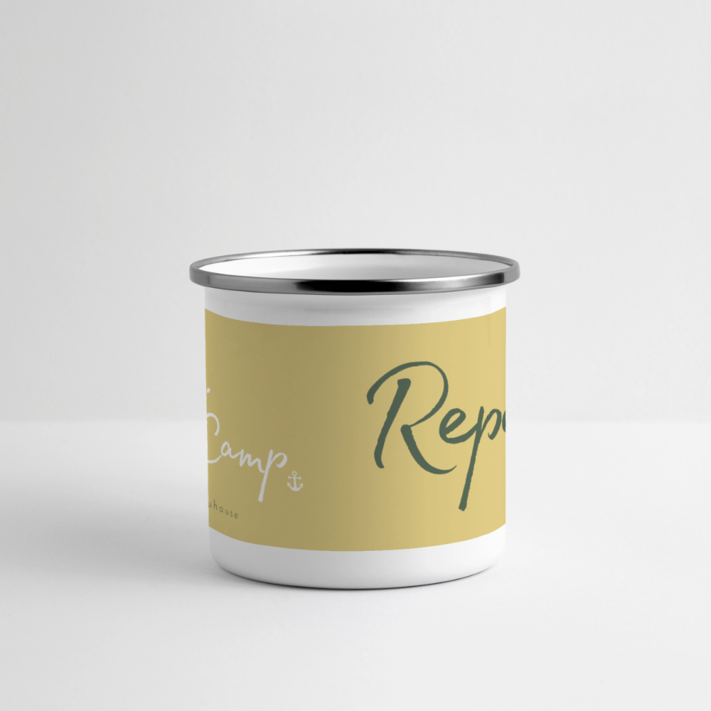 Emaille-Thermobecher „Ride. Camp. Repeat!“ – Für den hottesten Moment deines Lebens! - Weiß