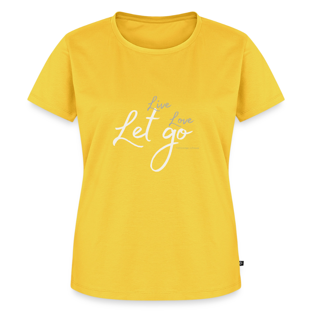 Frauen T-Shirt „Live – Love – Let go“ – Trag, was dich frei macht - Sonnengelb