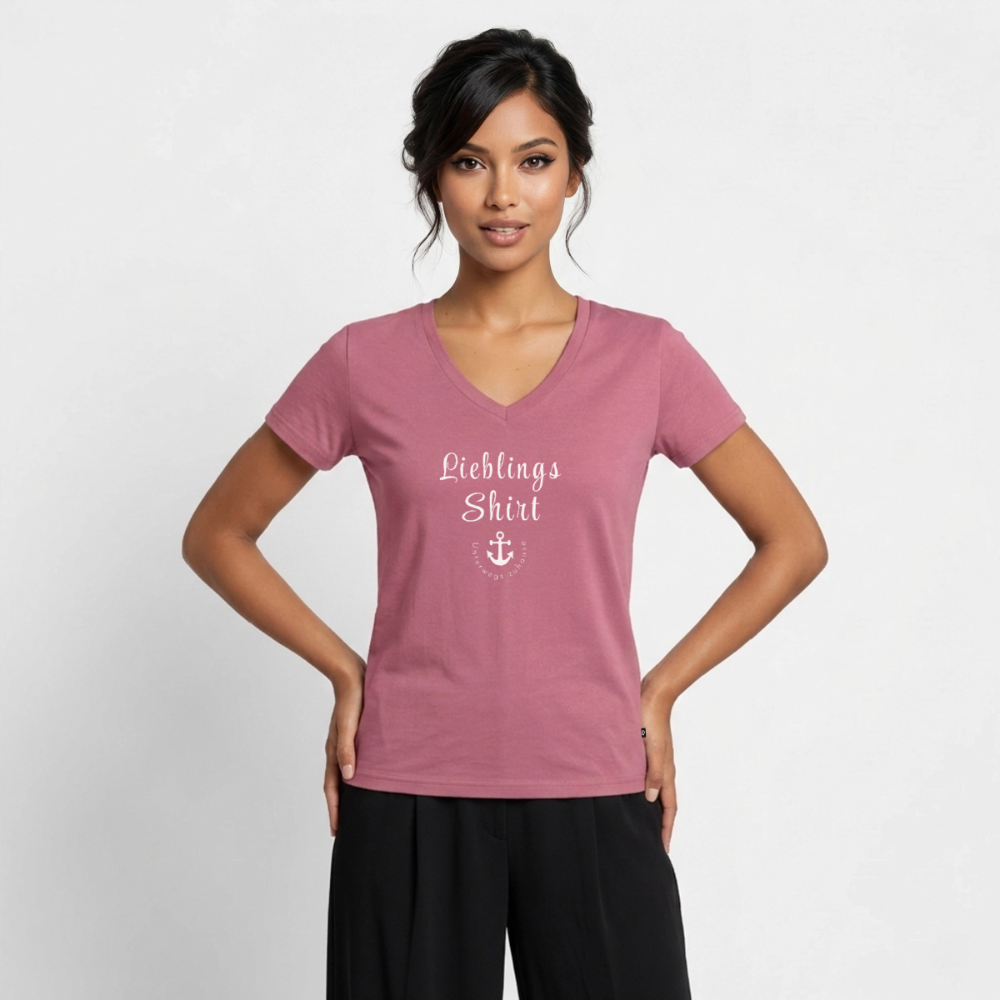 Frauen Lieblings-(Bio)-Shirt von Unterwegs zuhause mit V-Ausschnitt  – Damen Freizeitshirt aus Bio-Baumwolle, maritimes Design, Camping & Vanlife - Mauve
