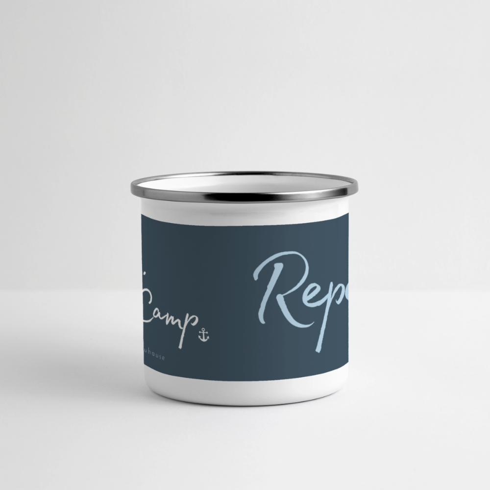 Emaille-Thermobecher „Ride. Camp. Repeat!“ – Für den hottesten Moment deines Lebens! - Weiß