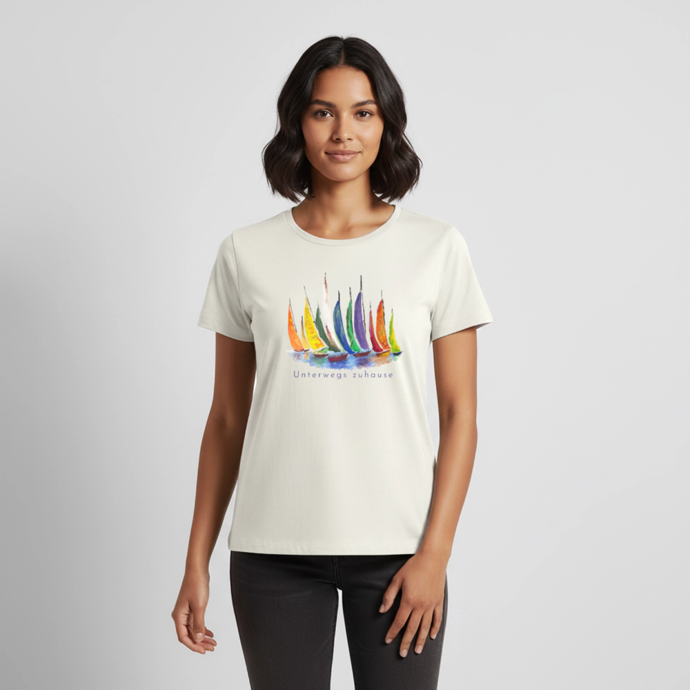 Frauen Bio-T-Shirt Unterwegs zuhause V-Ausschnitt – Camping & Vanlife - Naturweiß