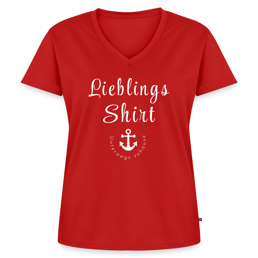Frauen Lieblings-(Bio)-Shirt von Unterwegs zuhause mit V-Ausschnitt  – Damen Freizeitshirt aus Bio-Baumwolle, maritimes Design, Camping & Vanlife - Rot