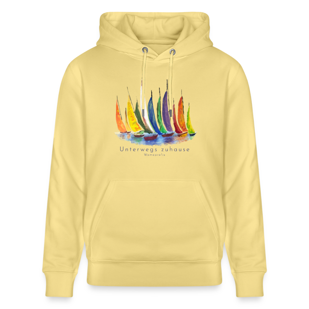 Unisex Bio-Hoodie „Unterwegs zuhause“ – Hoodie für Camping, Vanlife, Reisen & Alltag - Gelb Viva 