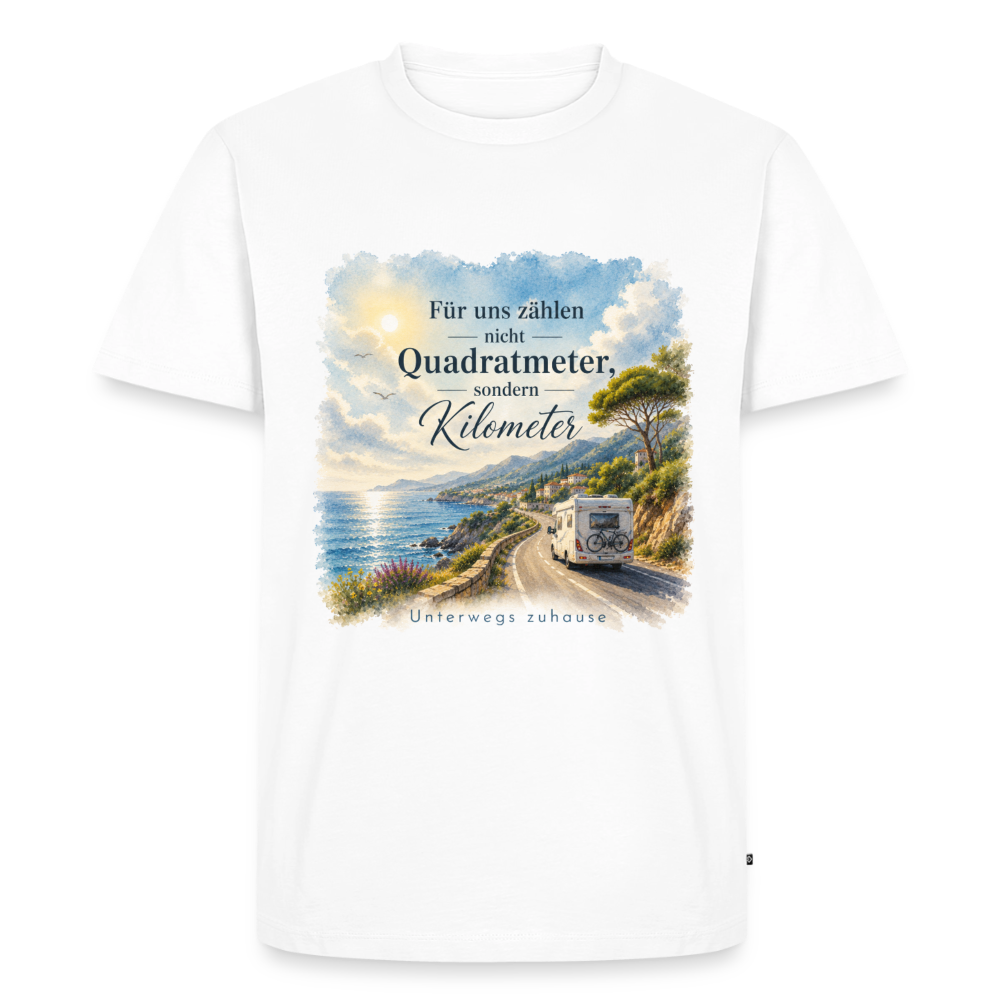 Herren Bio-T-Shirt Kilometer statt Quadratmeter – Wohnmobil & Vanlife - Weiß