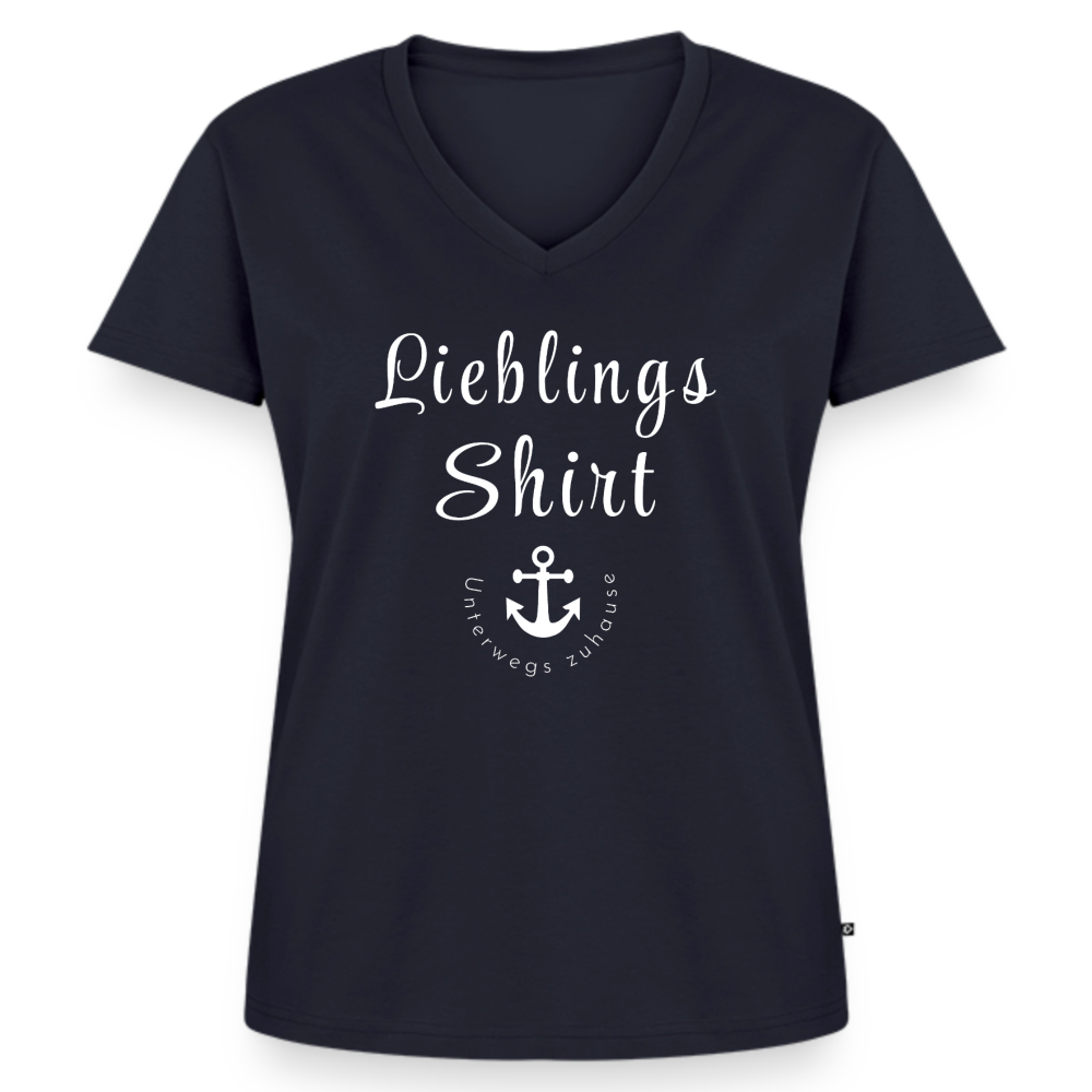 Frauen Lieblings-(Bio)-Shirt von Unterwegs zuhause mit V-Ausschnitt  – Damen Freizeitshirt aus Bio-Baumwolle, maritimes Design, Camping & Vanlife - Navy