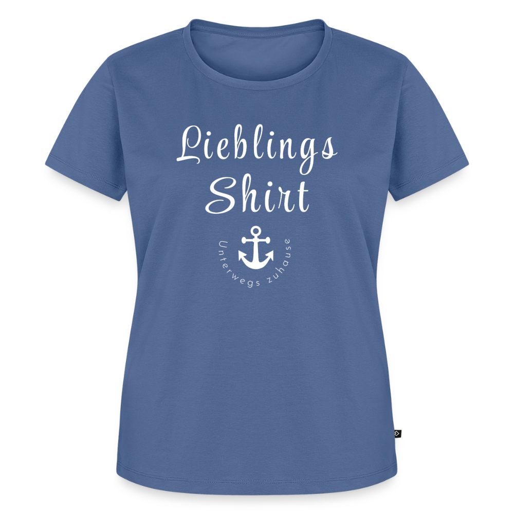 Frauen Bio-T-Shirt „Lieblings-Shirt – Unterwegs zuhause“ – Damen Freizeitshirt mit maritimem Design, Camping Shirt für Reisen, Vanlife, Urlaub & Alltag - Taubenblau
