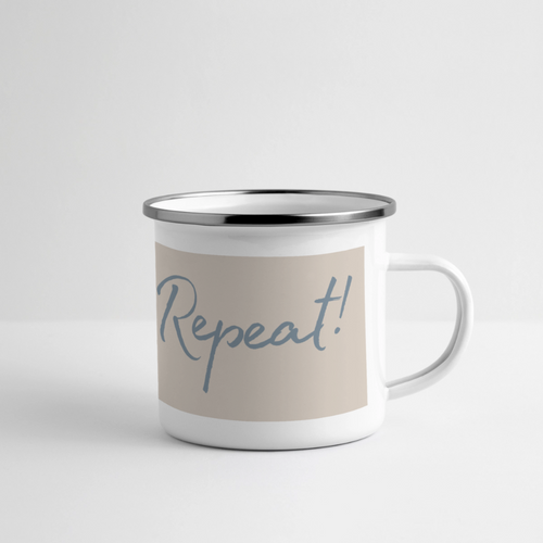 Emaille-Thermobecher „Ride. Camp. Repeat!“ – Für den hottesten Moment deines Lebens! - Weiß