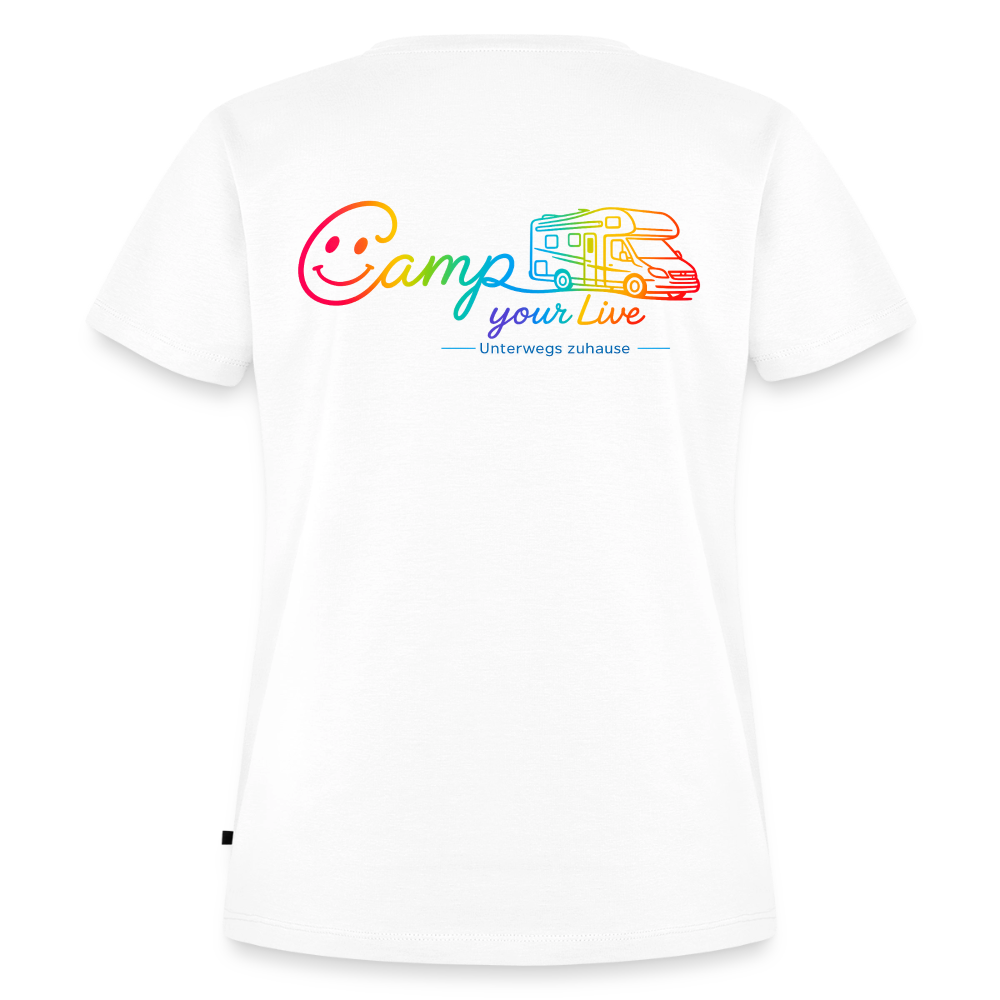 Frauen Bio-T-Shirt „Camp your Life“ von Unterwegs zuhause, Modell Wohnmobil – Damen Camping Shirt, Vanlife Shirt, Wohnmobil Shirt für Reisen, Urlaub, Camper & Freizeit - Weiß