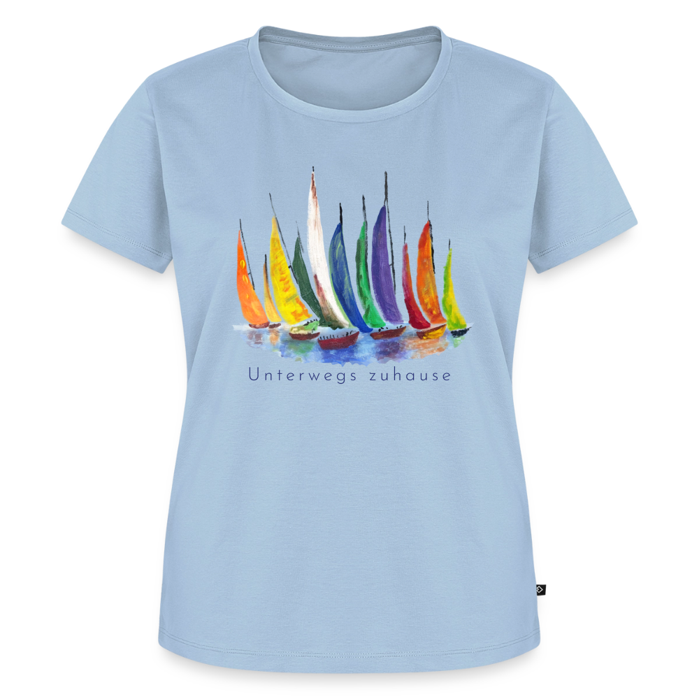 Frauen Bio-T-Shirt Unterwegs zuhause V-Ausschnitt – Camping & Vanlife - Hellblau