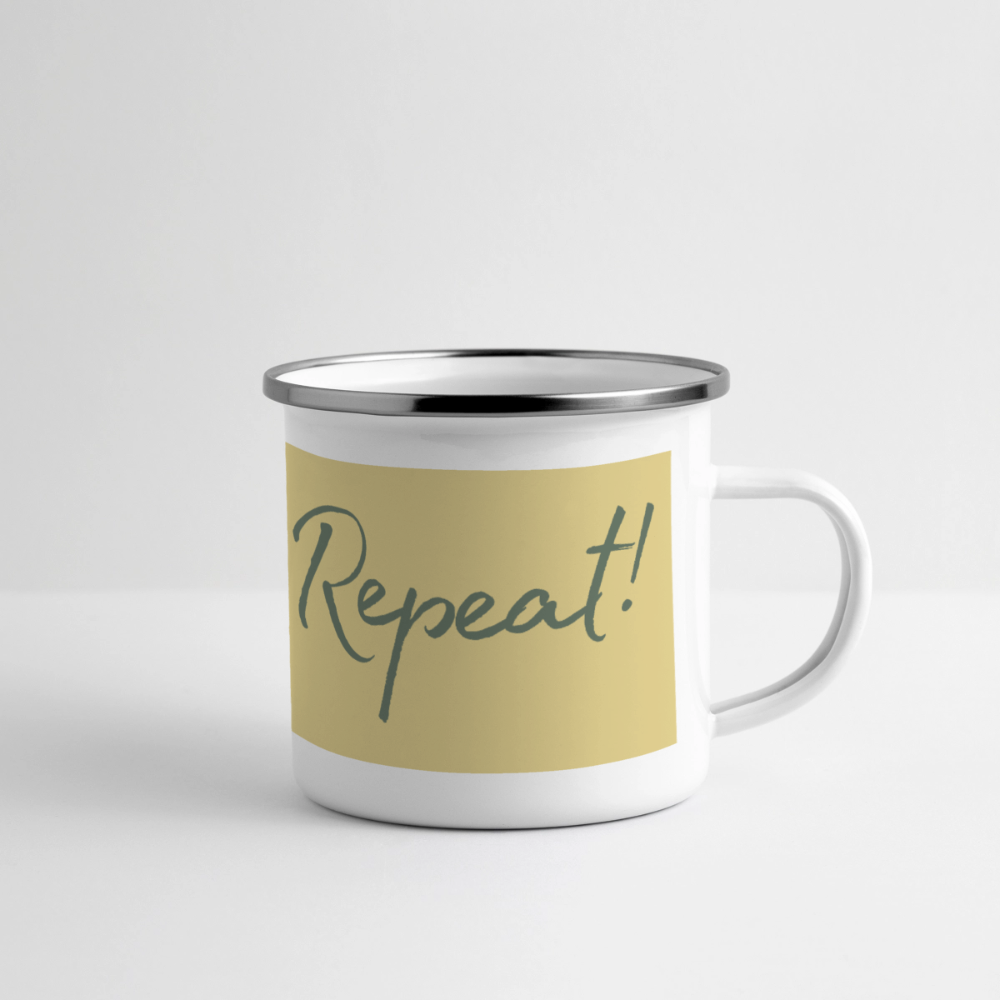 Emaille-Thermobecher „Ride. Camp. Repeat!“ – Für den hottesten Moment deines Lebens! - Weiß