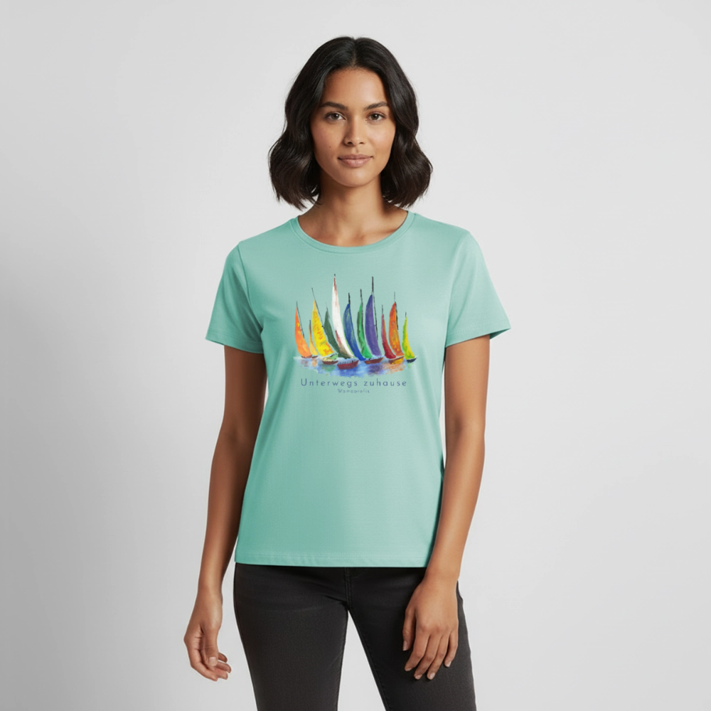 Frauen Bio-T-Shirt „Unterwegs zuhause“ – Nachhaltiges Damen Shirt für Camping, Vanlife, Reisen, Urlaub & Freizeit mit maritimem Design - Mint 