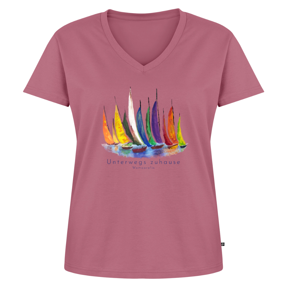 Frauen Bio-T-Shirt „Unterwegs zuhause“ mit V-Ausschnitt – Nachhaltiges Damen Shirt für Camping, Vanlife, Reisen, Urlaub & Freizeit mit maritimem Design - Mauve