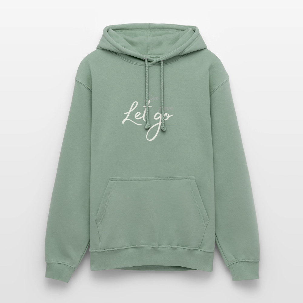 Unisex Hoodie „Live Love Let Go“ – Hoodie mit Spruch für Damen & Herren, Statement Hoodie, Freizeit Hoodie, Reise Hoodie, Camping Hoodie, Geschenk Idee - Graugrün