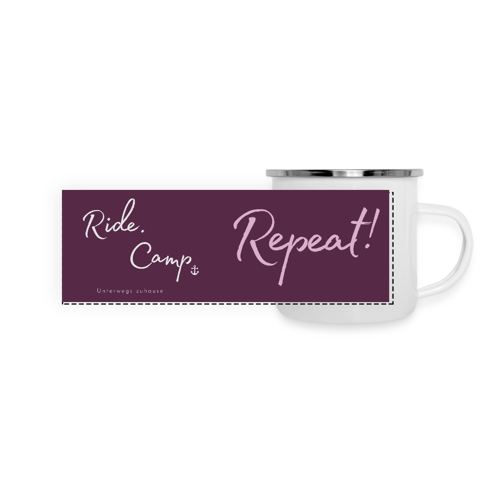 Emaille-Thermobecher „Ride. Camp. Repeat!“ – Für den hottesten Moment deines Lebens! - Weiß