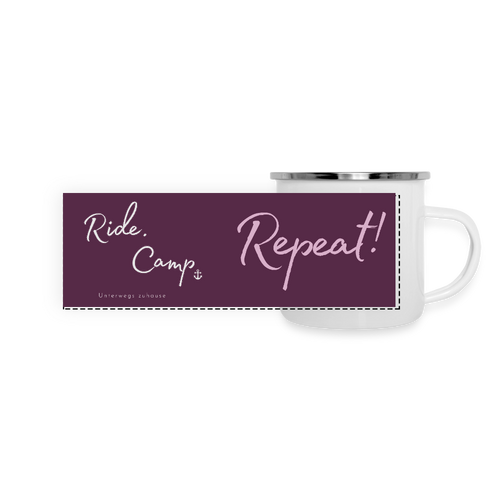 Emaille-Thermobecher „Ride. Camp. Repeat!“ – Für den hottesten Moment deines Lebens! - Weiß