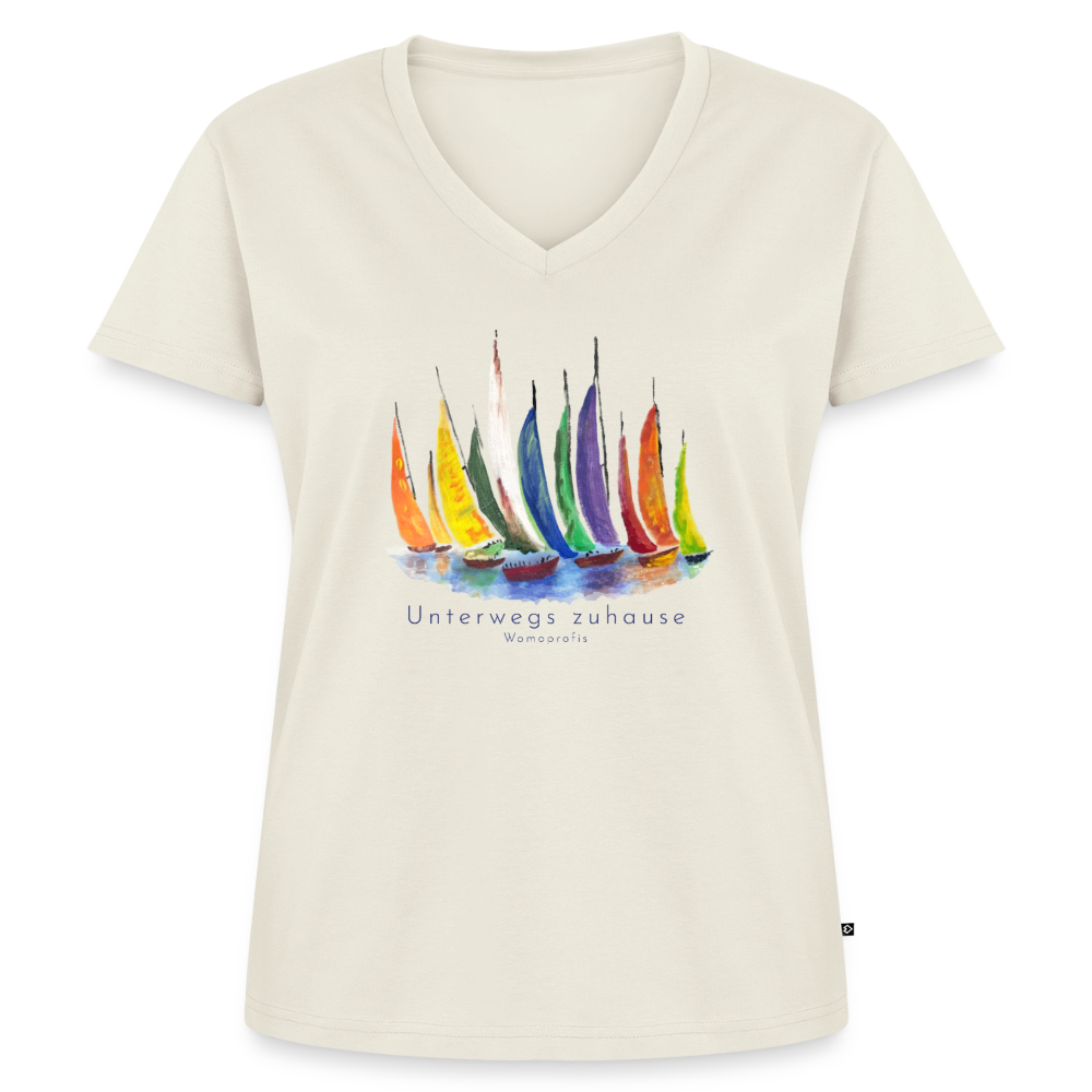 Frauen Bio-T-Shirt „Unterwegs zuhause“ mit V-Ausschnitt – Nachhaltiges Damen Shirt für Camping, Vanlife, Reisen, Urlaub & Freizeit mit maritimem Design - Naturweiß