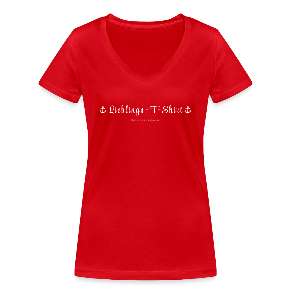 Frauen Bio-T-Shirt mit V-Ausschnitt „Lieblings-T-Shirt“ von Unterwegs zuhause – Natürlich leicht. Natürlich du. - Rot
