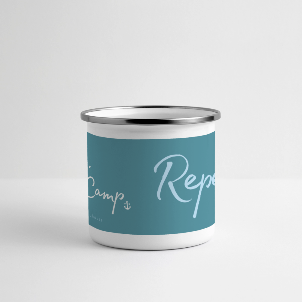 Emaille-Thermobecher „Ride. Camp. Repeat!“ – Für den hottesten Moment deines Lebens! - Weiß