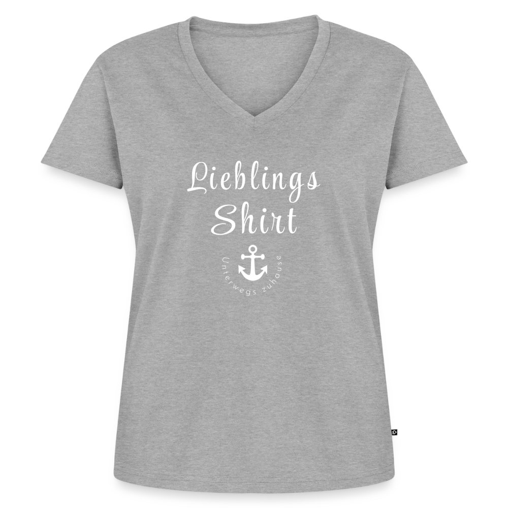 Frauen Lieblings-(Bio)-Shirt von Unterwegs zuhause mit V-Ausschnitt  – Damen Freizeitshirt aus Bio-Baumwolle, maritimes Design, Camping & Vanlife - Grau meliert
