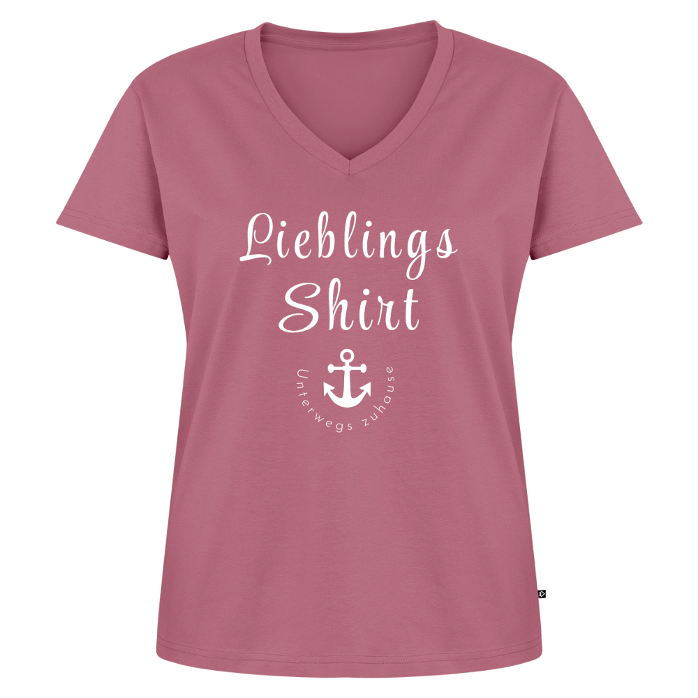 Frauen Lieblings-(Bio)-Shirt von Unterwegs zuhause mit V-Ausschnitt  – Damen Freizeitshirt aus Bio-Baumwolle, maritimes Design, Camping & Vanlife - Mauve