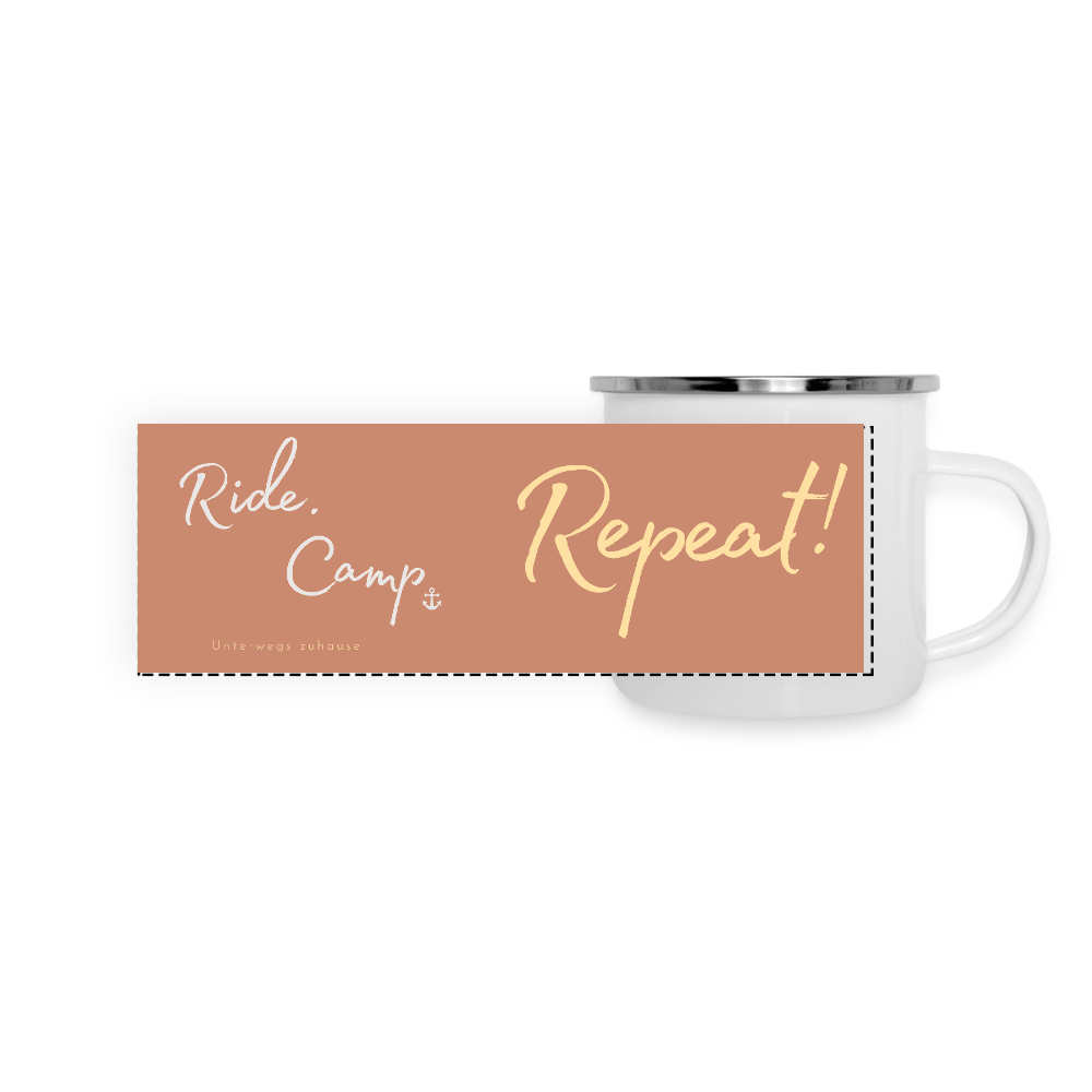 Emaille-Thermobecher „Ride. Camp. Repeat!“ – Für den hottesten Moment deines Lebens! - Weiß