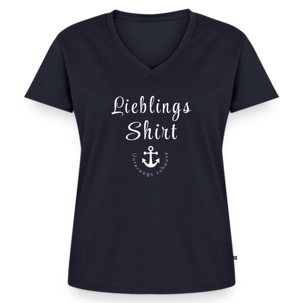 Frauen Lieblings-(Bio)-Shirt von Unterwegs zuhause mit V-Ausschnitt  – Damen Freizeitshirt aus Bio-Baumwolle, maritimes Design, Camping & Vanlife - Navy