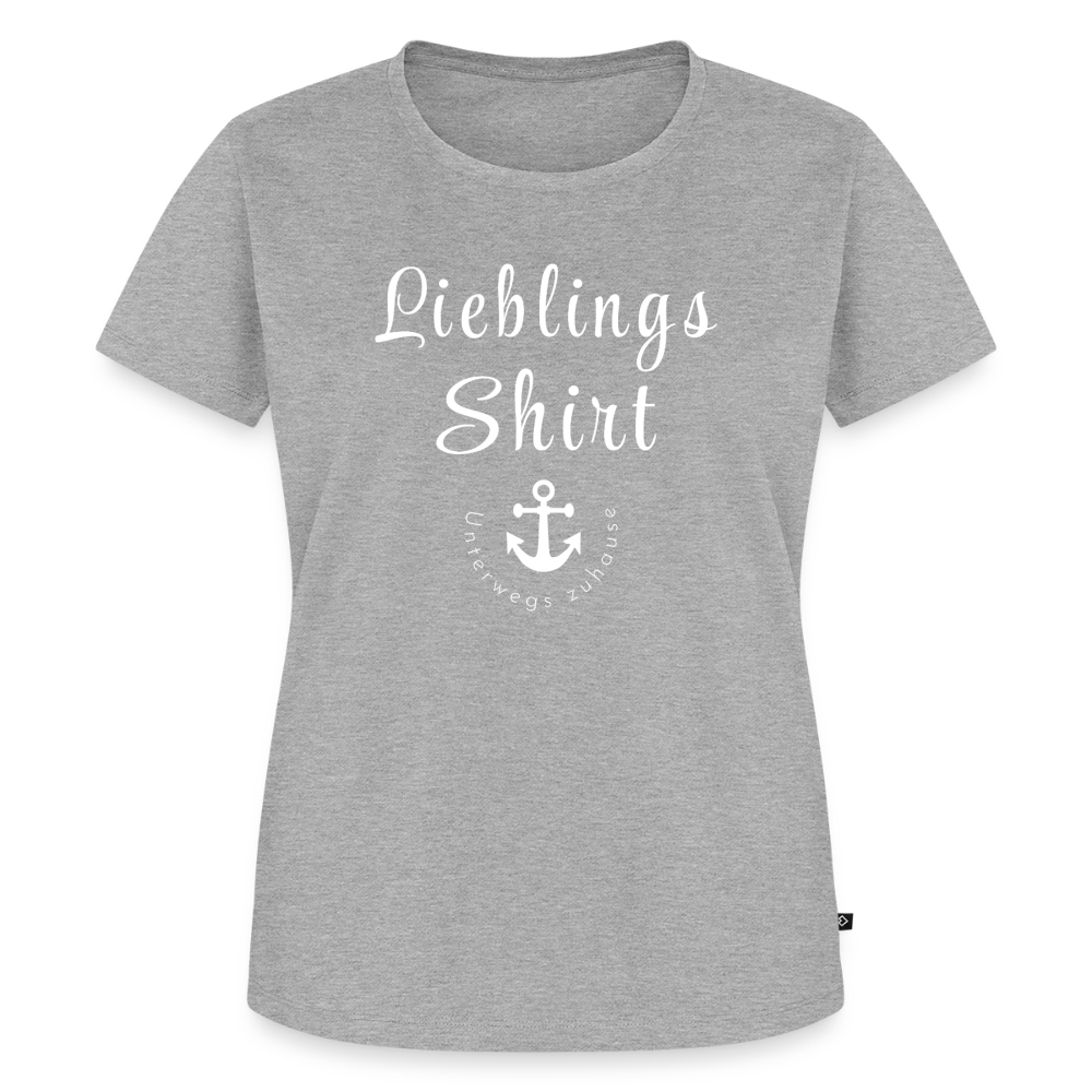Frauen Bio-T-Shirt „Lieblings-Shirt – Unterwegs zuhause“ – Damen Freizeitshirt mit maritimem Design, Camping Shirt für Reisen, Vanlife, Urlaub & Alltag - Grau meliert