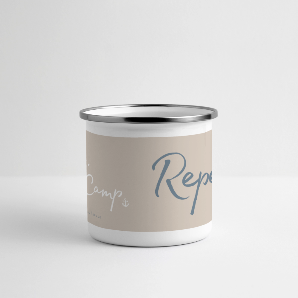 Emaille-Thermobecher „Ride. Camp. Repeat!“ – Für den hottesten Moment deines Lebens! - Weiß