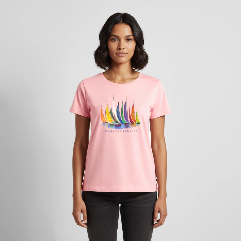 Frauen Bio-T-Shirt Unterwegs zuhause V-Ausschnitt – Camping & Vanlife - Rosa