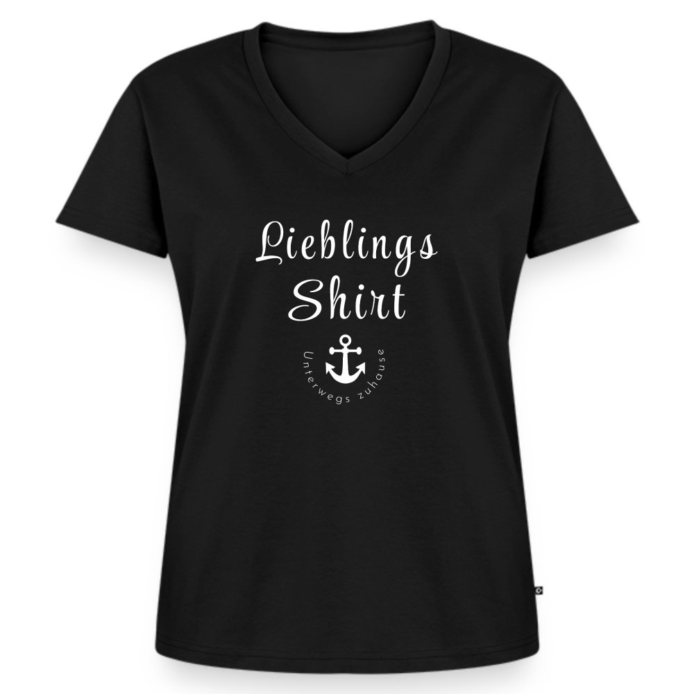 Frauen Lieblings-(Bio)-Shirt von Unterwegs zuhause mit V-Ausschnitt  – Damen Freizeitshirt aus Bio-Baumwolle, maritimes Design, Camping & Vanlife - Schwarz