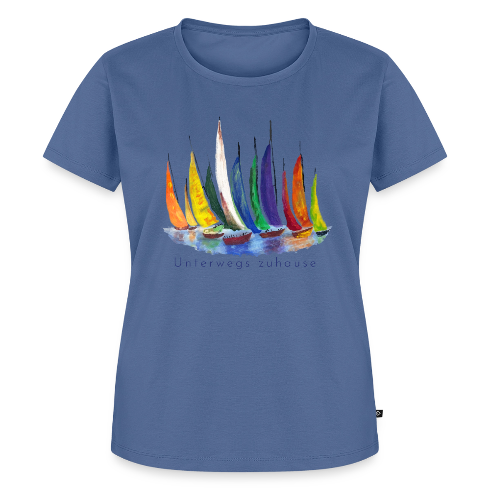 Frauen Bio-T-Shirt Unterwegs zuhause V-Ausschnitt – Camping & Vanlife - Taubenblau