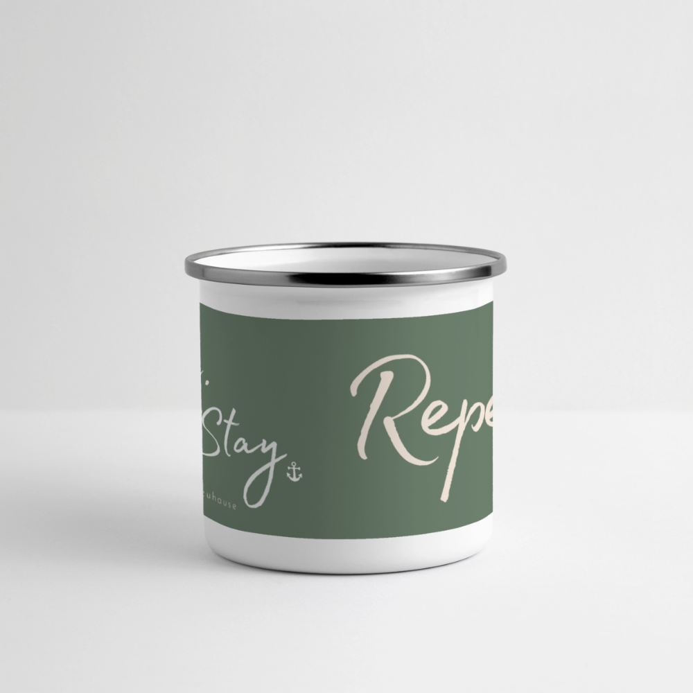 Emaille-Thermobecher „Ride. Stay. Repeat!“ – Für den hottesten Moment deines Lebens! - white