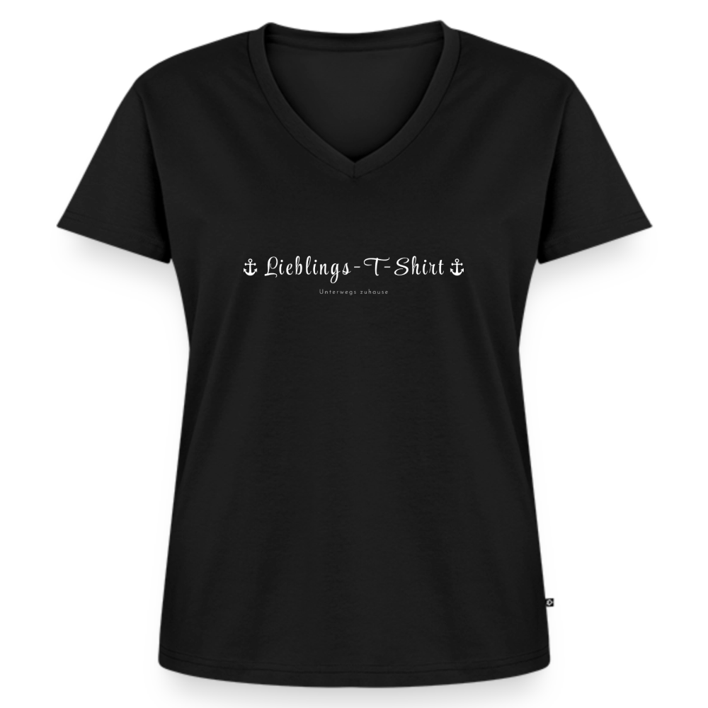 Frauen Bio-T-Shirt mit V-Ausschnitt „Lieblings-T-Shirt“ von Unterwegs zuhause – Natürlich leicht. Natürlich du. - Schwarz