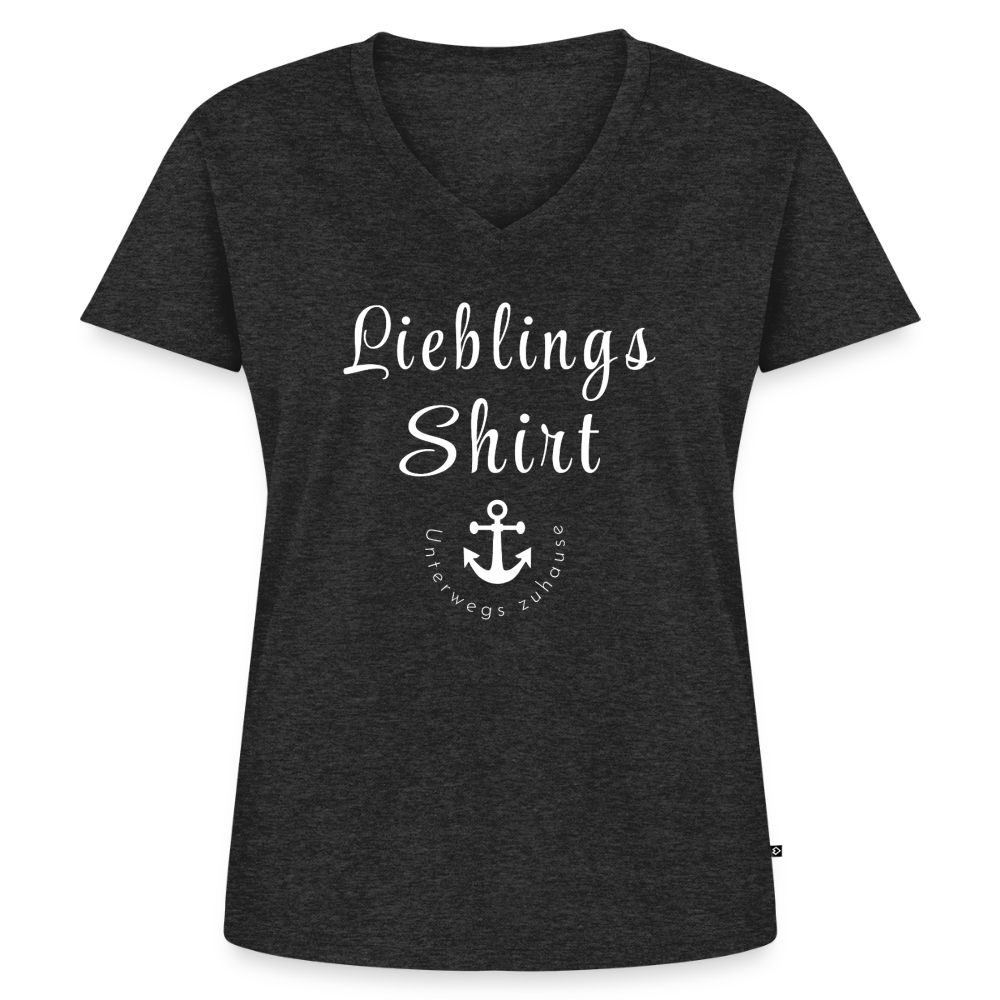 Frauen Lieblings-(Bio)-Shirt von Unterwegs zuhause mit V-Ausschnitt  – Damen Freizeitshirt aus Bio-Baumwolle, maritimes Design, Camping & Vanlife - Anthrazit meliert