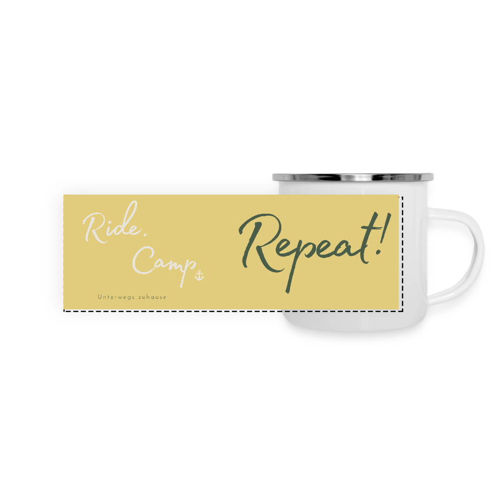 Emaille-Thermobecher „Ride. Camp. Repeat!“ – Für den hottesten Moment deines Lebens! - Weiß