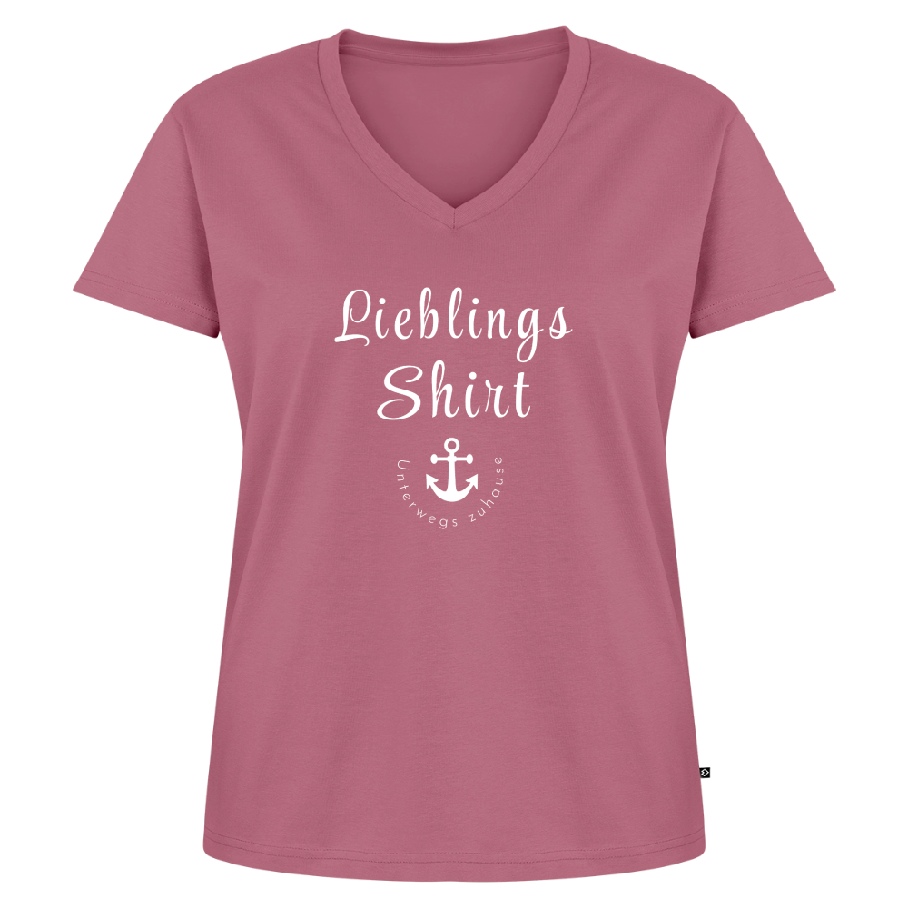 Frauen Lieblings-(Bio)-Shirt von Unterwegs zuhause mit V-Ausschnitt  – Damen Freizeitshirt aus Bio-Baumwolle, maritimes Design, Camping & Vanlife - Mauve