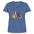 Frauen Bio-T-Shirt „Unterwegs zuhause“ mit V-Ausschnitt – Nachhaltiges Damen Shirt für Camping, Vanlife, Reisen, Urlaub & Freizeit mit maritimem Design - Taubenblau