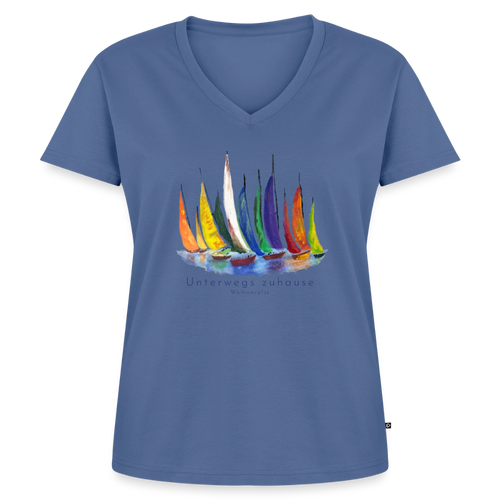 Frauen Bio-T-Shirt „Unterwegs zuhause“ mit V-Ausschnitt – Nachhaltiges Damen Shirt für Camping, Vanlife, Reisen, Urlaub & Freizeit mit maritimem Design