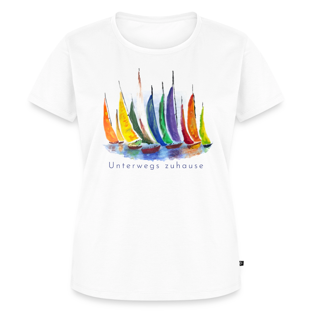 Frauen Bio-T-Shirt „Unterwegs zuhause“ – Nachhaltiges Damen Shirt für Camping, Vanlife, Reisen, Urlaub & Freizeit mit maritimem Design - Weiß