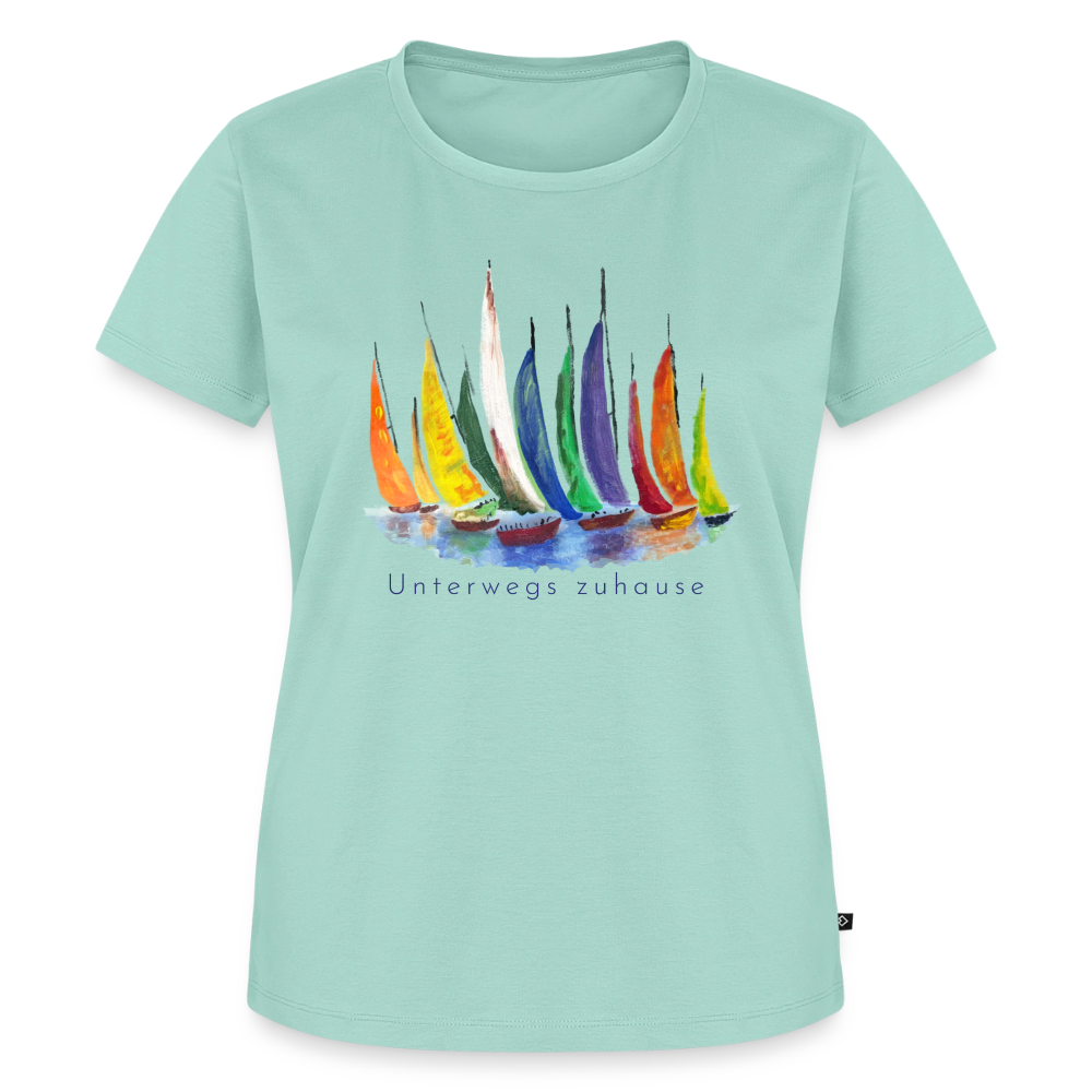 Frauen Bio-T-Shirt Unterwegs zuhause V-Ausschnitt – Camping & Vanlife - Mint 