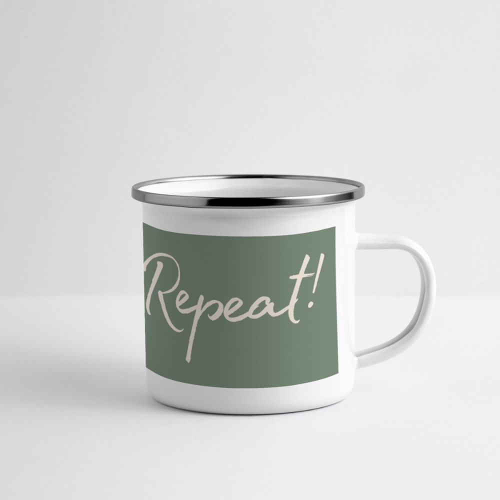 Emaille-Thermobecher „Ride. Camp. Repeat!“ – Für den hottesten Moment deines Lebens! - Weiß